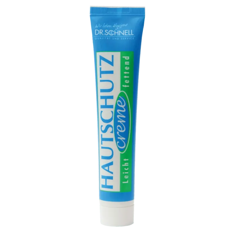 Eine Tube der DR.SCHNELL GmbH & Co. KGaA DR.SCHNELL'S HAUTSCHUTZCREME (50 x 50 ml) in den Farben Blau, Grün und Weiß ist mit einer deutschen Aufschrift versehen, die sie als leichte Schutzcreme für die Haut kennzeichnet.