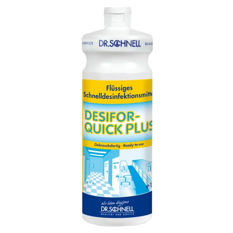 Eine weiße 1L Flasche der DR.SCHNELL GmbH & Co. KGaA DESIFOR-QUICK PLUS Flächendesinfektion, begrenzt viruzides Medizinprodukt, mit gelb-blauem Etikett und weißem Verschluss-ideal für die hygienische Reinigung und begrenzten viruziden Schutz.