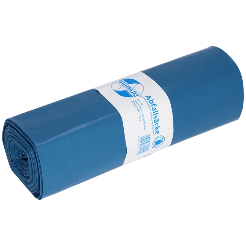 Eine blaue Rolle EMIL DEISS KG (GmbH + Co.) Müllsäcke (DEISS 10023, 700+200x1100x0,06 mm) mit einem weiß-blauen Etikett mit Text und Barcode, enthält 20 Stück pro Rolle.