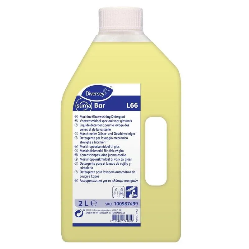 Eine 2-Liter-Flasche Suma Bar L66 Spezial-Geschirrreiniger für Gläser von Diversey Deutschland GmbH & Co. OHG, ideal für die Gastronomie; gelbe Flüssigkeit mit mehrsprachigem Etikett mit Produktinfos und Hinweisen.