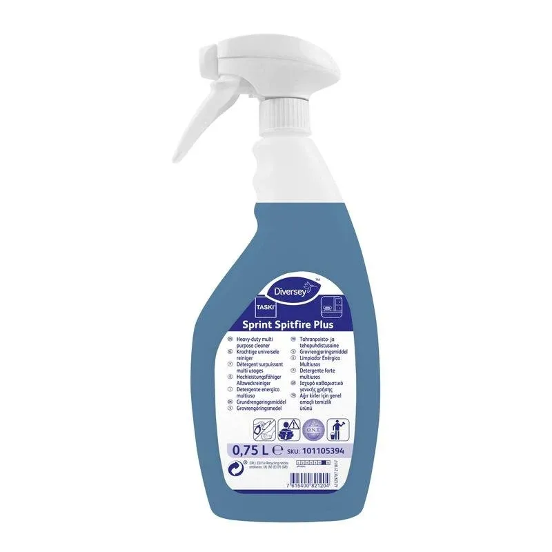 Eine 750 ml Sprühflasche TASKI Sprint Spitfire Plus von Diversey Deutschland GmbH & Co. OHG, ein gebrauchsfertiger alkalischer Hochleistungsreiniger mit mehrsprachiger Produktinformation auf dem Frontetikett.