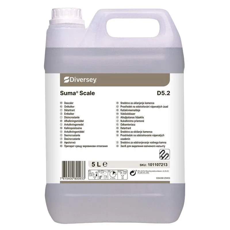 Ein 5-l-Kanister Suma Scale D5.2 Kalklöser von Diversey Deutschland GmbH & Co. OHG, für den periodischen Einsatz, mit einem mehrsprachigen Etikett mit Produktinformation, Anleitung, Barcode und SKU-Nummer.