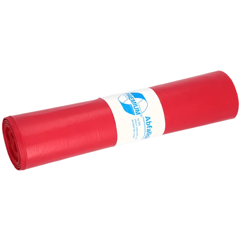 Abgebildet ist eine Rolle EMIL DEISS KG (GmbH + Co.) DEISS 11021 - 700x1100 mm Typ 60 rot Müllsäcke (25 Stück) mit weiß-blauem Etikett auf einfarbig weißem Hintergrund.