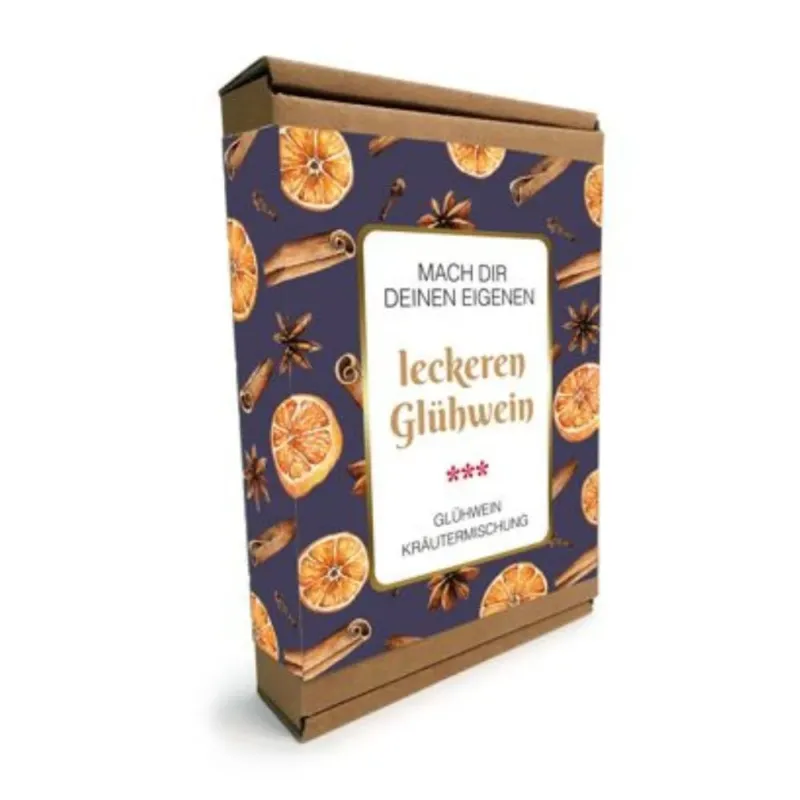 Verpackung der Kräutermischung für einen Glühwein mit Zitrusschalen, Zimt, Sternanis, Kardamon, Nelken, Ingwer, Vanillestücke