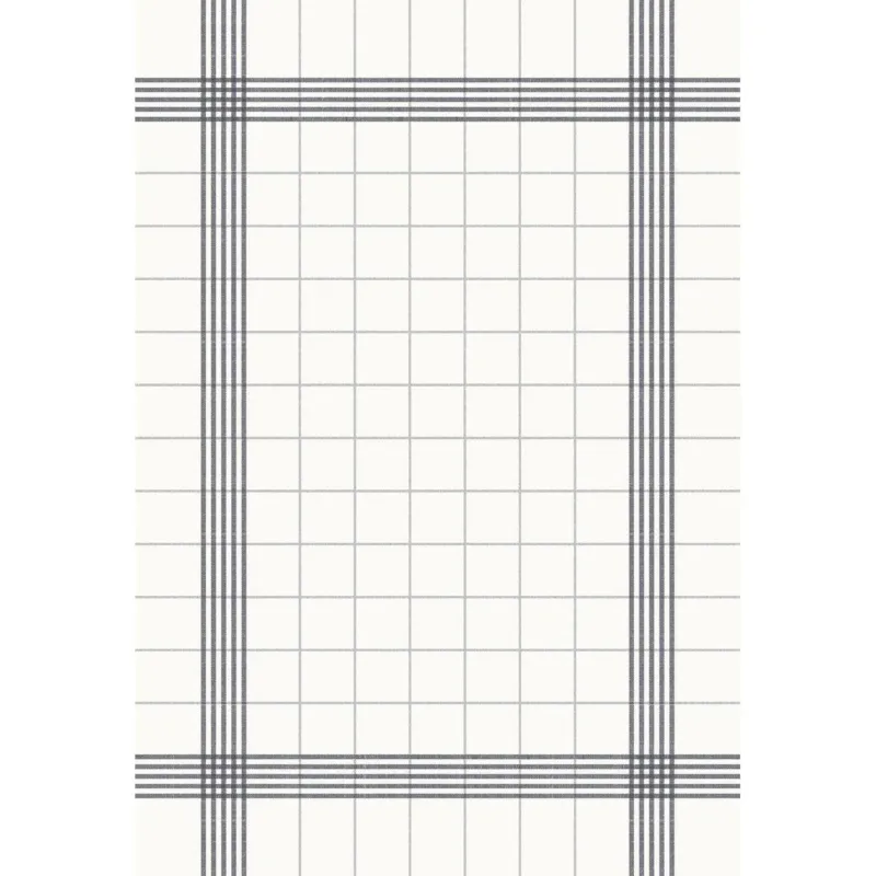 Das Duni GmbH Tischwäsche Tuch 38x54 cm grau (50er Pack) hat einen weißen Hintergrund mit einem grauen Gitter und einem dicken Rand, perfekt für die Tischdekoration. Dünne Linien bilden Innenquadrate und sorgen für dezente Eleganz im Gastronomiebereich.