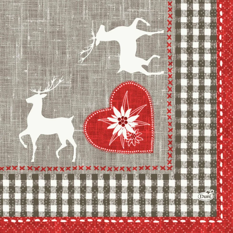Die Duni GmbH Zellt.-Servietten 33x33 cm, 3-lagig, Alpenglück (Packung mit 50 Servietten) haben eine graue Leinenstruktur, weiße Rentier-Silhouetten, ein rot-weiß geblümtes Herzmotiv und eine rot-grau karierte Bordüre.