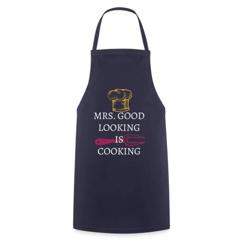 Dunkelblaue Kochschürze mit Spruch Mrs. Good Looking is Cooking, Kochmütze und Schneebesen