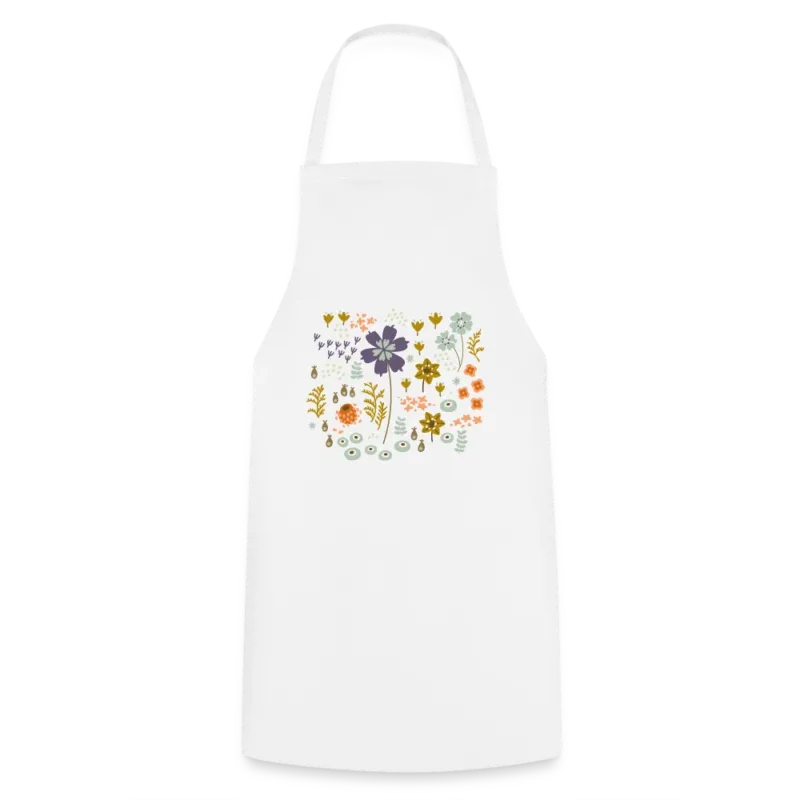 Weiße Kochschürze für Damen mit buntem Wiesenblumen-Motiv in Lila und Orange
