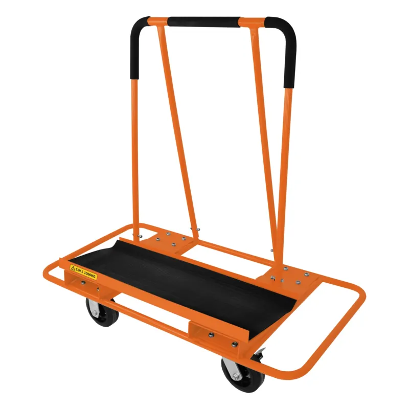 Robuster Gipskartonwagen in leuchtendem Orange mit breiten Rädern und rutschfester Oberfläche, ideal für den Transport von Trockenbauwänden