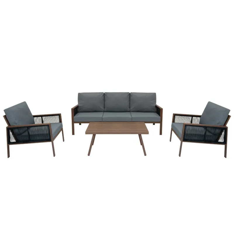 Elegante 4-teilige Aluminium-Sofagarnitur mit grauen Polstern und einem Tisch aus Holz, ideal für den Außenbereich und gemütliche Zusammenkünfte
