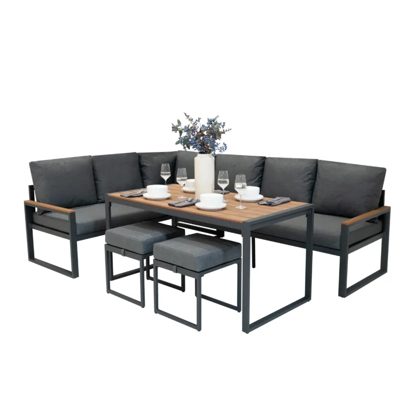 Elegantes 5-teiliges Ecksofa-Set aus Aluminium mit grauen Polstern und einem Holz-Tisch, ideal für stilvolle Außenbereiche und gesellige Zusammenkünfte