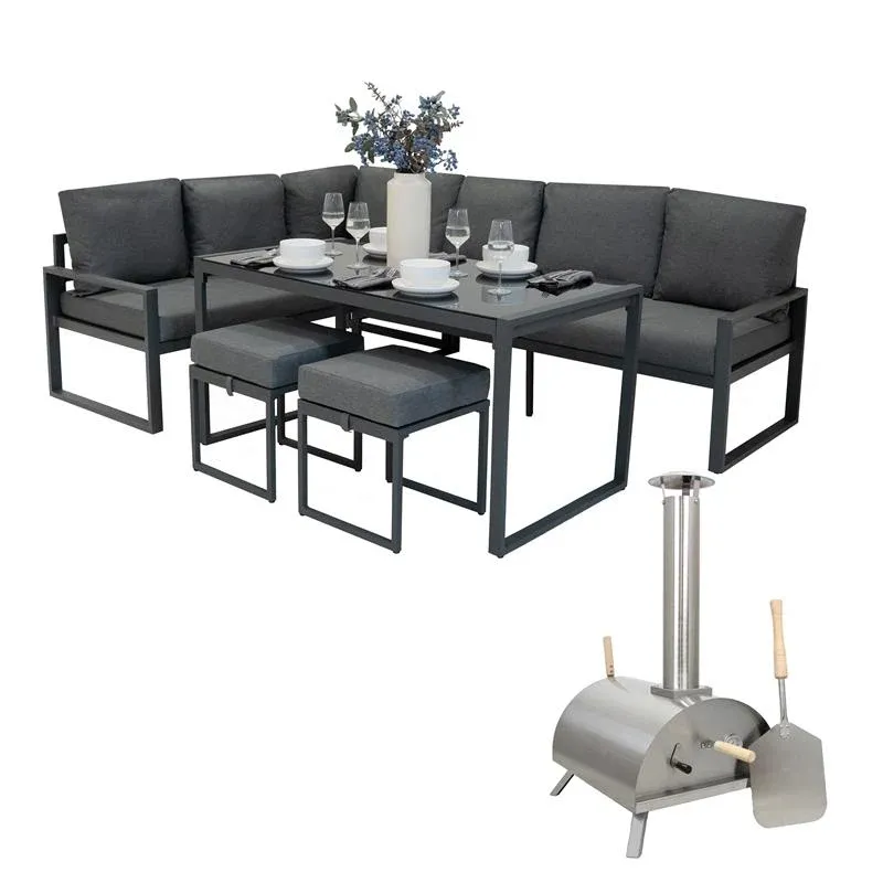 Anthrazitgraues Aluminium-Ecksofa-Set mit Tisch und Tisch-Pizzaofen, elegantes Design, gepolsterte Sitzflächen und stilvolle Tischdekoration