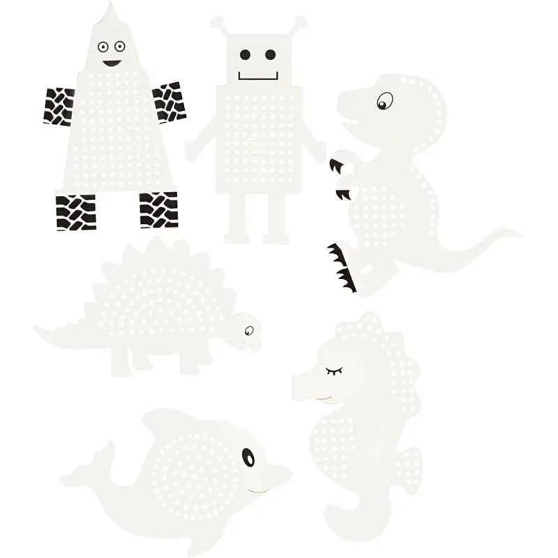Embroidery card, animals/robots, H: 8-13 cm, W: 8-13 cm, white, 6x3 pc