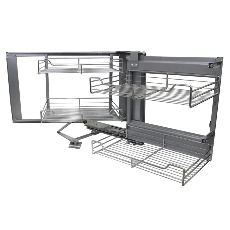 Ausziehbarer Edelstahl-Eckschrank in silber, mit mehreren Drahtregalen, ideal für platzsparende Aufbewahrung in der Küche, 90-100 cm breit