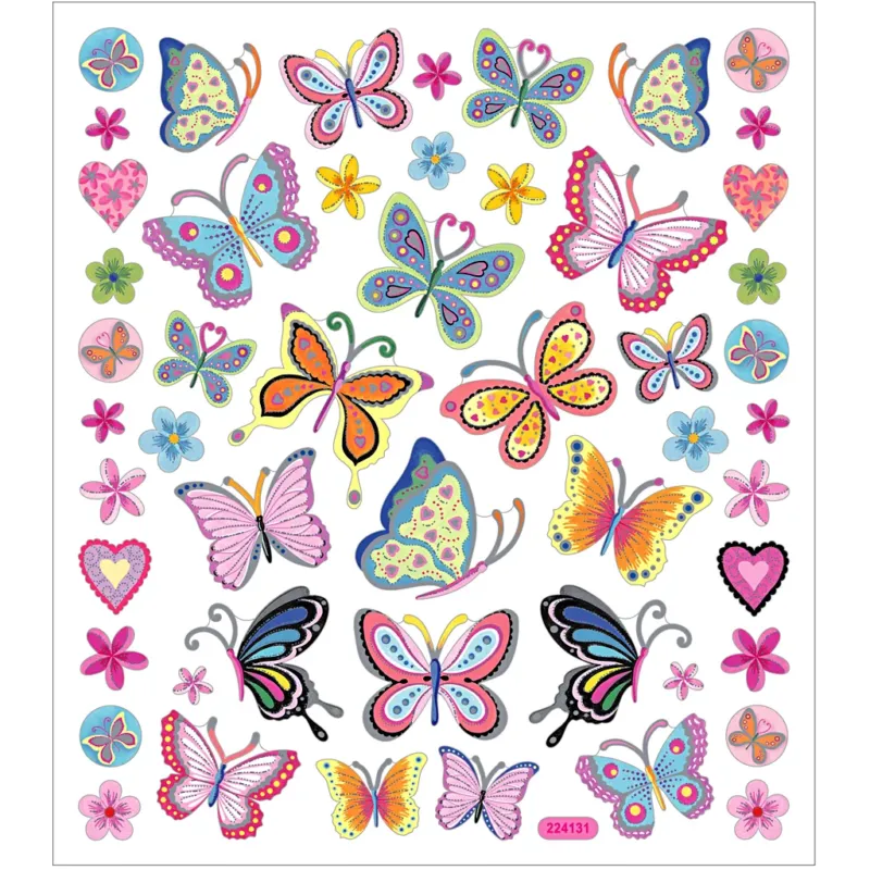 Stickers, colourful butterflies, sheet 15x16,5 cm, ca. 21 pc, 1 sheet