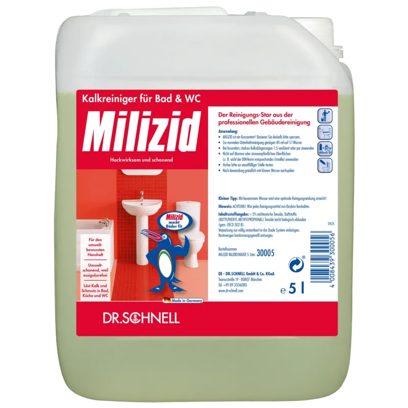 Ein 5-Liter-Gebinde von Dr. Schnell MILIZID KALKREINIGER der DR.SCHNELL GmbH & Co. KGaA, mit einem deutschen Etikett, das Badarmaturen und einen Cartoon-Pinguin zeigt, der die Produktflasche hält.