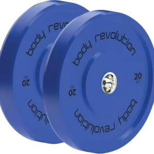 Zwei blaue Olympische Bumper-Scheiben von Body Revolution, jeweils 20 kg, mit glatter Oberfläche und präziser Gewichtsangabe auf der Seite