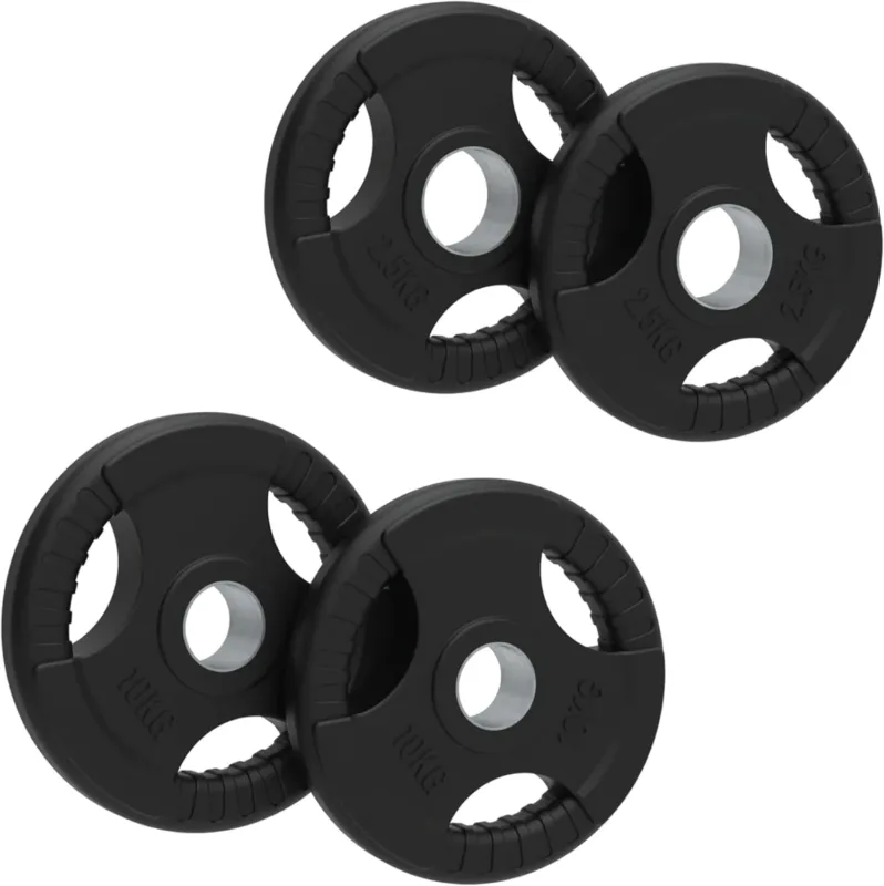 Schwarze, gummierte Olympische Tri-Grip-Gewichtsplatten im 25-kg-Set, mit praktischen Griffen und robustem Design für sicheres Heben
