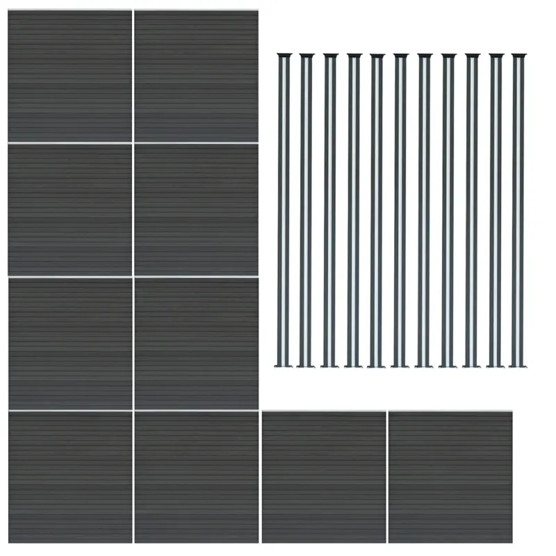 Grau WPC Sichtschutzzaun mit strukturiertem Design und 11 schlanken LED Zaunpfosten, ideal für moderne Garten- und Terrassengestaltung