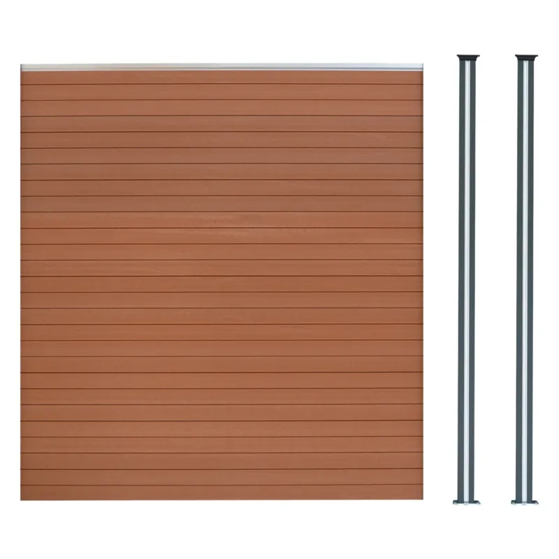 Brauner WPC Sichtschutzzaun mit glatter, horizontaler Holzoptik und zwei eleganten, grauen LED Zaunpfosten aus robustem Material