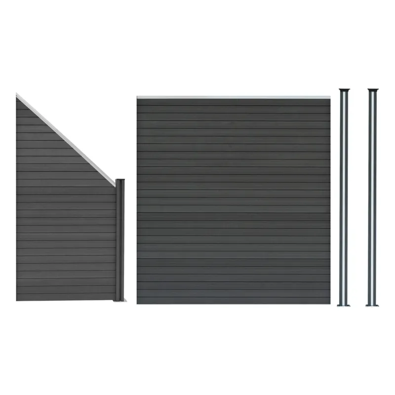 Grau WPC Sichtschutzzaun mit einem Eckstück und zwei LED Zaunpfosten, modernes Design mit glatten, horizontalen Lamellen und robustem Material