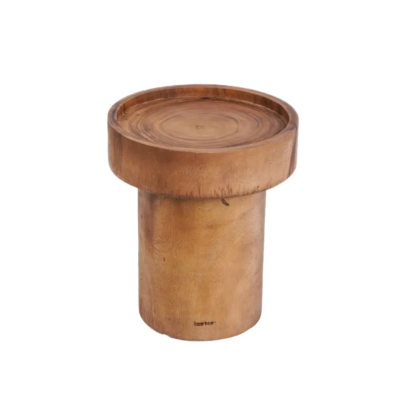 Wooden side table with round top and cylindrical base on a white background