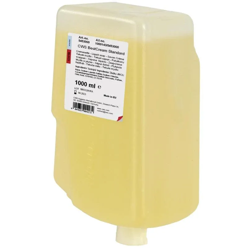 Ein rechteckiger, halbtransparenter gelber CWS Seifencreme BestCream Standard Nachfüllbehälter mit weißem Etikett, hautfreundlicher Formel, 1000 ml Fassungsvermögen und kleinem Bodenstutzen zur einfachen Reinigung von Hand.