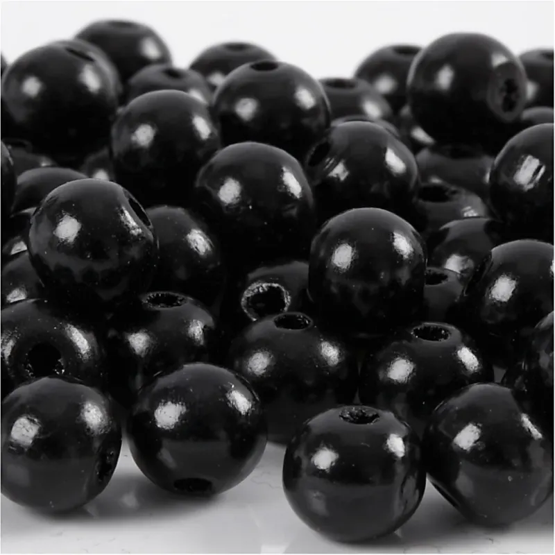 Wooden Beads, dia. 10 mm, hole size 3 mm, ca. 70 pc, black, 20 g