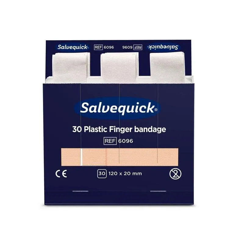 Eine Schachtel Orkla Wound Care AB Fingerbinde aus Kunststoff, 120 x 20 mm, 30 St./M., Packung (6 Stück) mit offenem Deckel gibt den Blick auf einzeln verpackte Binden frei.