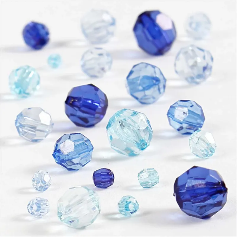 Facet Beads, size 4-12 mm, hole size 1-2,5 mm, ca. 170 pc, blue harmony, 45 g