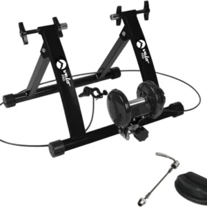 Schwarzer magnetischer Rollentrainer Velo Pro mit stabilen Ständern, Kabel und Zubehör, ideal für das Indoor-Training von Fahrrädern