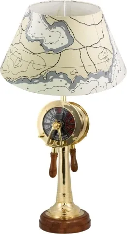Lampe Maschinentelegraf – maritime Tischlampe aus Messing und Holz mit nautischem Instrument