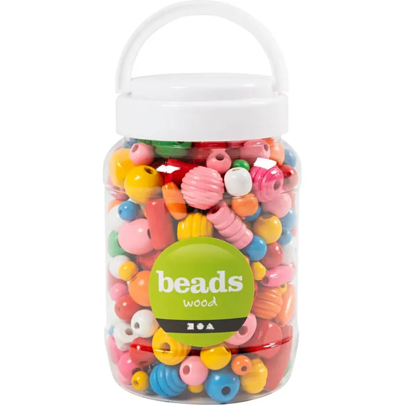 Wooden Beads, size 5-28 mm, hole size 2,5-3 mm, ca. 466 pc, assorted colours, 175 g, 400 ml/ 1 bucket