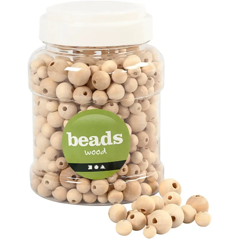 Wooden Beads, dia. 8+10+12+15 mm, hole size 2-3 mm, ca. 532 pc, 175 g, 400 ml/ 1 bucket