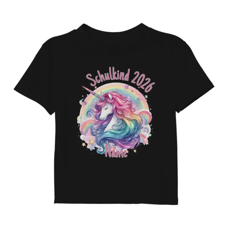 Personalisiertes Kinder T-Shirt - Schulkind 2026 Einhorn - Sterne Glitzer - Geschenk zur Einschulung Mädchen