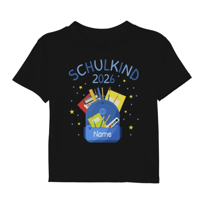 Bild: Personalisiertes Kinder T-Shirt - Schulkind 2026 mit Name - Rucksack Blau - Geschenk zur Einschulung Jungen.