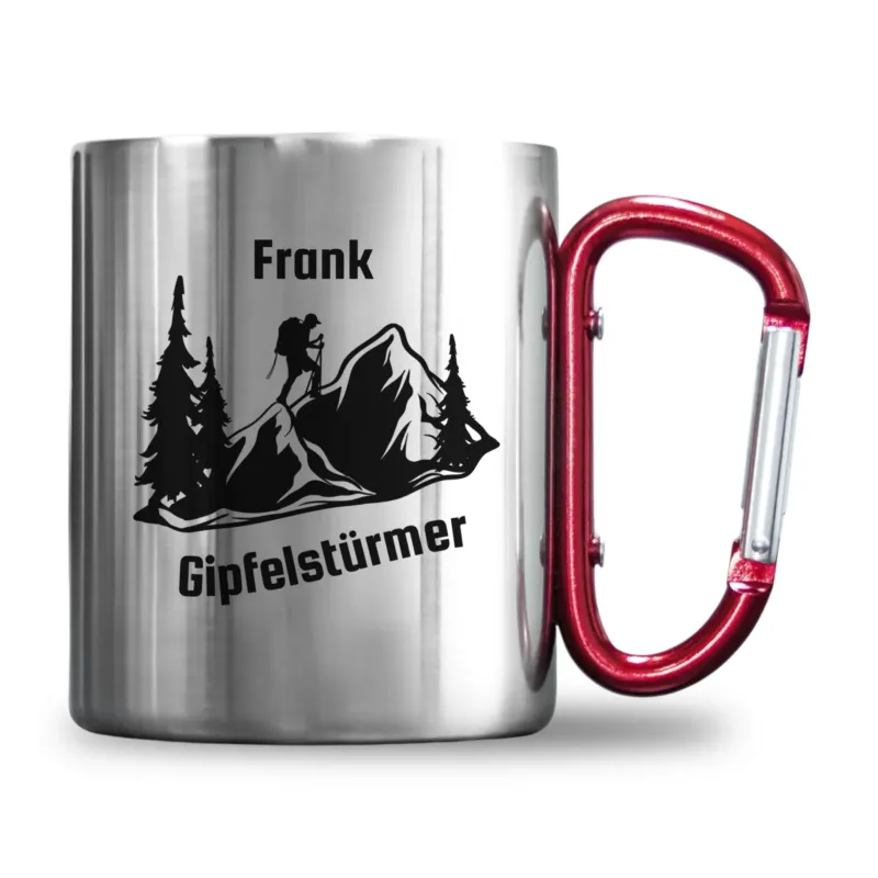 Bild: Personalisierte Edelstahl-Tasse mit Karabiner - "Name" Gipfelstürmer - Geschenk für Wanderer, Wandergeschenk.