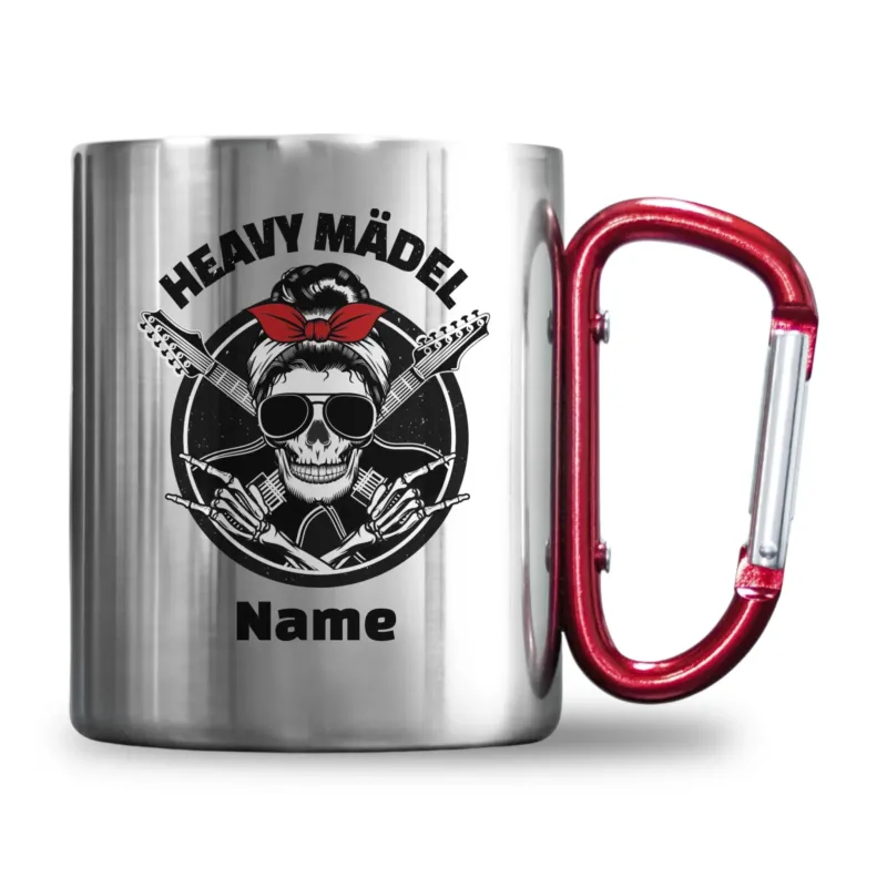 Bild: Personalisierte Edelstahl-Tasse mit Karabiner - Heavy Mädel + Name.