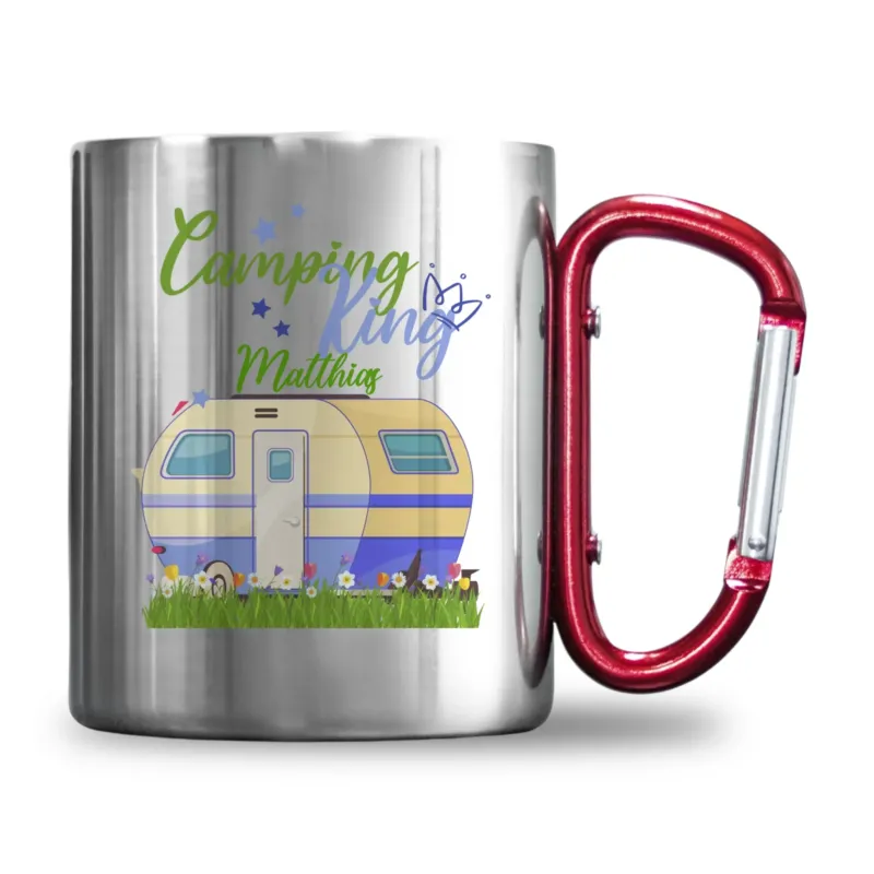 Bild: Personalisierte Edelstahl-Tasse mit Karabiner - Camping King + Name mit Wohnwagen - Outdoor Geschenk für Camper.
