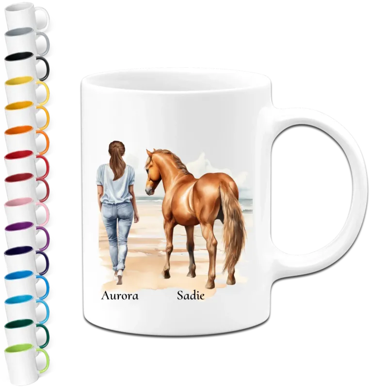 Personalisierte Tasse - Frau mit Pferd & Namen