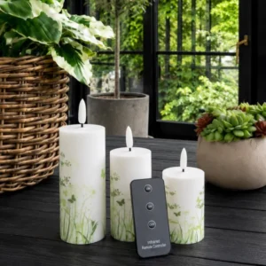 Außen-Blockkerzen Green Flower - Set mit 3 Stück
