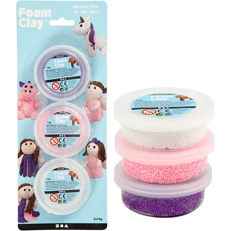 Foam Clay®, glitter,metallic, pink, purple, white, 3x14 g
