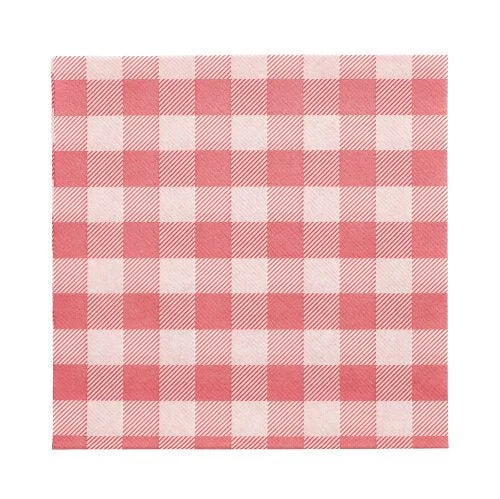 Ein PAPSTAR 100 Servietten, 1-lagig, 1/4-Falz (33 x 33 cm) der PAPSTAR GmbH mit rot-weißem Gingham-Muster, FSC-zertifiziert und umweltfreundlich, flachgelegt auf weißem Untergrund.