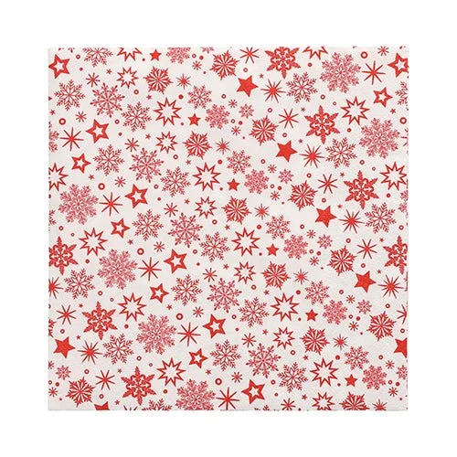 Die 30 Servietten der PAPSTAR GmbH sind weiße, 3-lagige Papierservietten (33 x 33 cm, 1/4-Falz), verziert mit gleichmäßig verteilten roten Schneeflocken und Sternen in verschiedenen Größen.