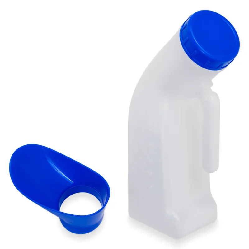 Die ARNOMED Urinflasche Classic Unisex von ARNOWA GmbH, mit blauem Schraubverschluss und separatem weiblichen Adapter, bietet hygienischen Komfort. Beide Teile sind auf weißem Hintergrund abgebildet.
