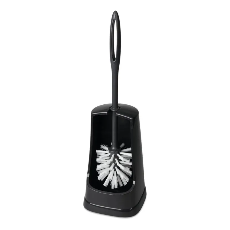 Die Nölle Profi Brush WC-Garnitur, Ständerform, unmontiert aus Regranulat (1 Stück) von Nölle Profi Brush Bürsten- & Pinseltechnik e.K. verfügt über einen schwarzen Halter und eine Bürste mit weißen Borsten, perfekt für die effektive Toilettenreinigung.