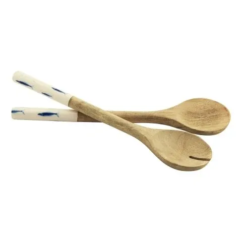 Salatbesteck Fische 30 cm – dekoratives Servierbesteck aus Mango Holz mit Emaille