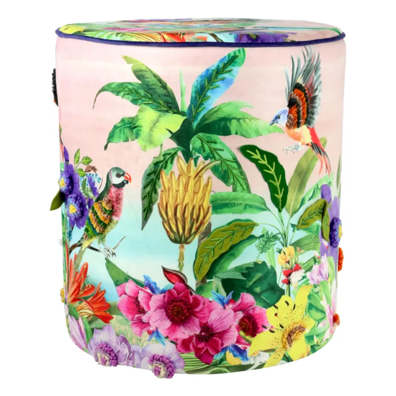 Pouf Paradise Ø 40 x 45 cm Samtpouf mit exotischem Paradiesmotiv