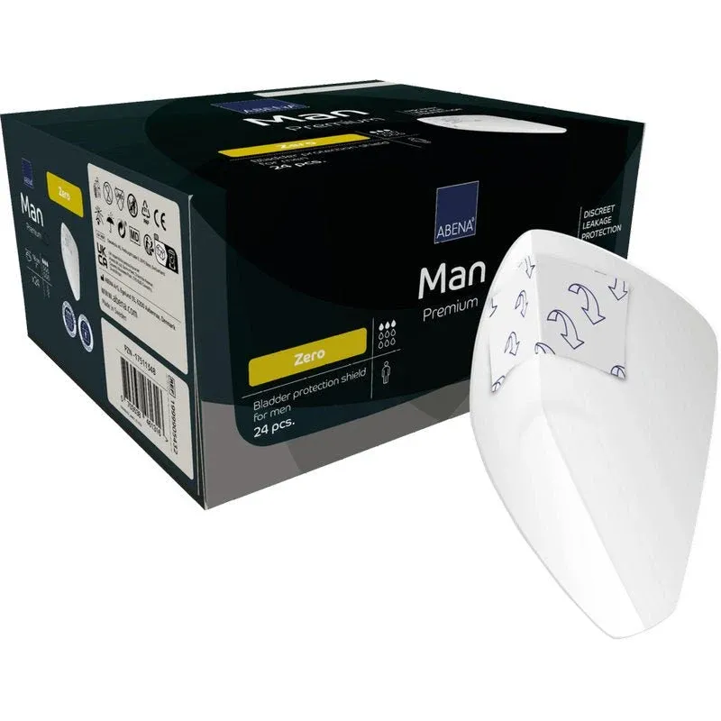 Eine Schachtel mit der Aufschrift "ABENA Man Zero, Premium" der Abena Re-Seller GmbH mit 24 Stück bietet diskreten Schutz für Männer; neben der Packung ist ein weißes Schild mit blauer Aufschrift abgebildet.