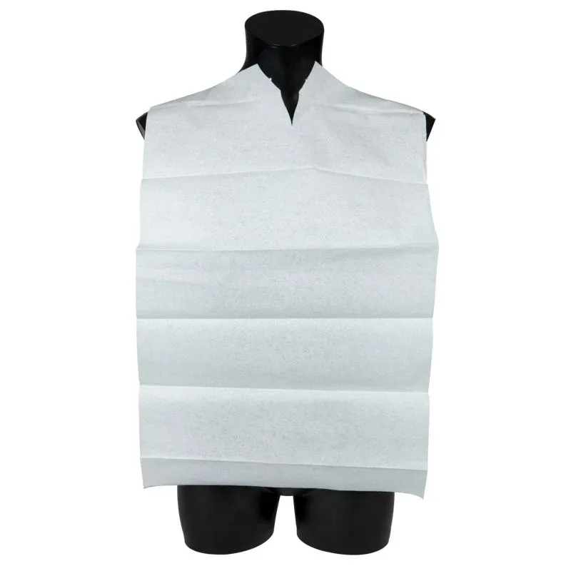 Ein weißer Speiselatz Einweg Blau/Weiß o.Tasche (38x70 cm) von Abena Re-Seller GmbH bedeckt Brust und Schultern eines schwarzen Schaufensterpuppen-Torsos und verfügt über eine Halsaussparung für sicheren Sitz. Packung: 100 Stück.